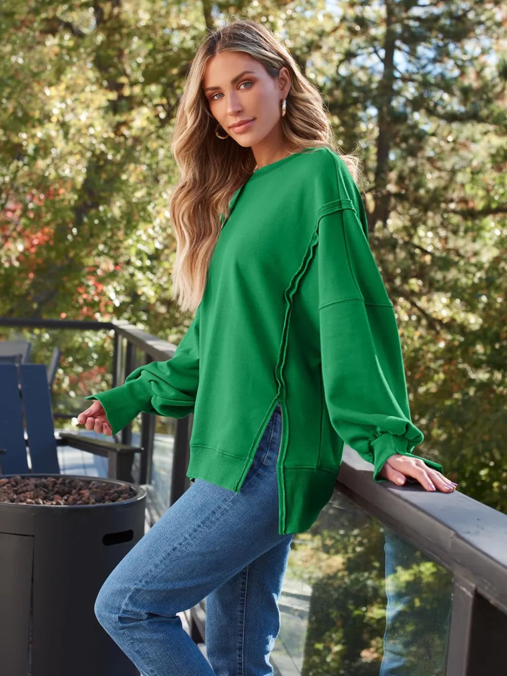 Slit Round Neck Long Sleeve Sweatshirt - Lilixa.store