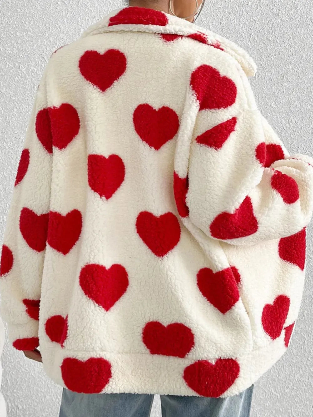 Heart Zip Up Drop Shoulder Furry Jacket, view 2
