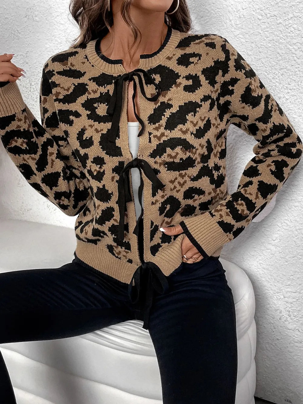 Perfee Tied Leopard Long Sleeve Cardigan in Tan, view 4