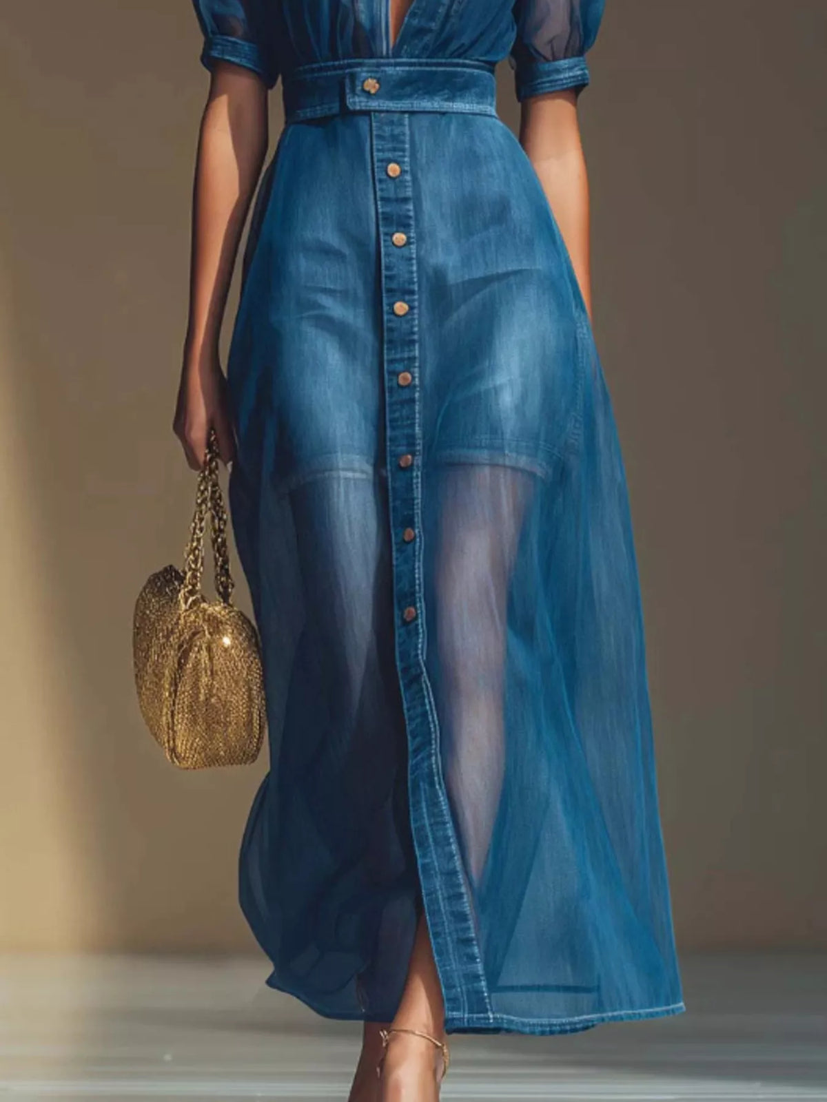 Sheer Panel Button-Down Maxi Dress