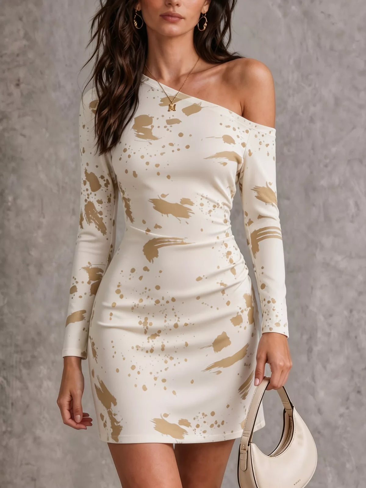 One-Shoulder Long Sleeve Paint Splatter Bodycon Mini Dress - Lilixa.store