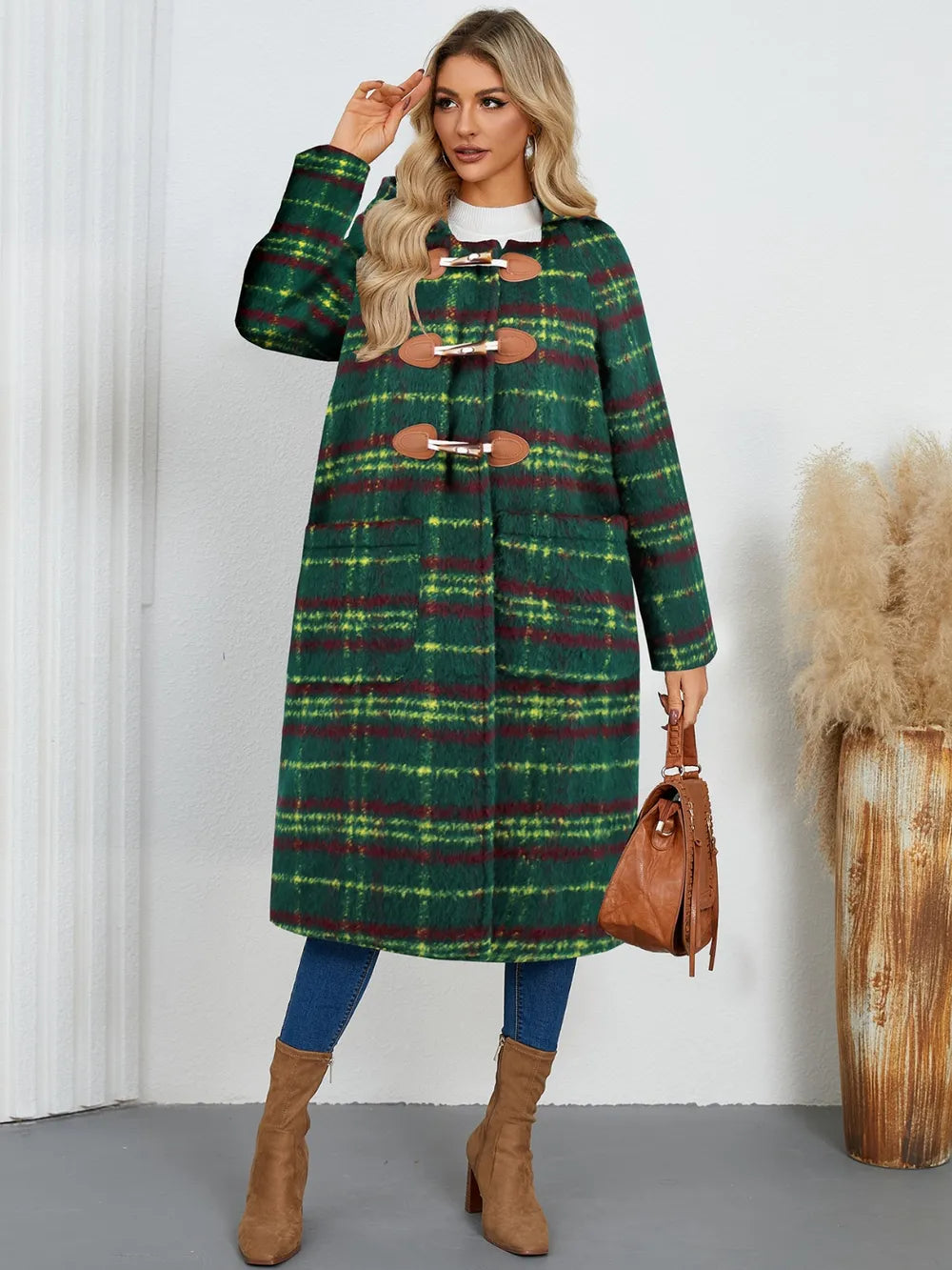 Plaid Long Sleeve Hooded Coat with Pockets, view 3