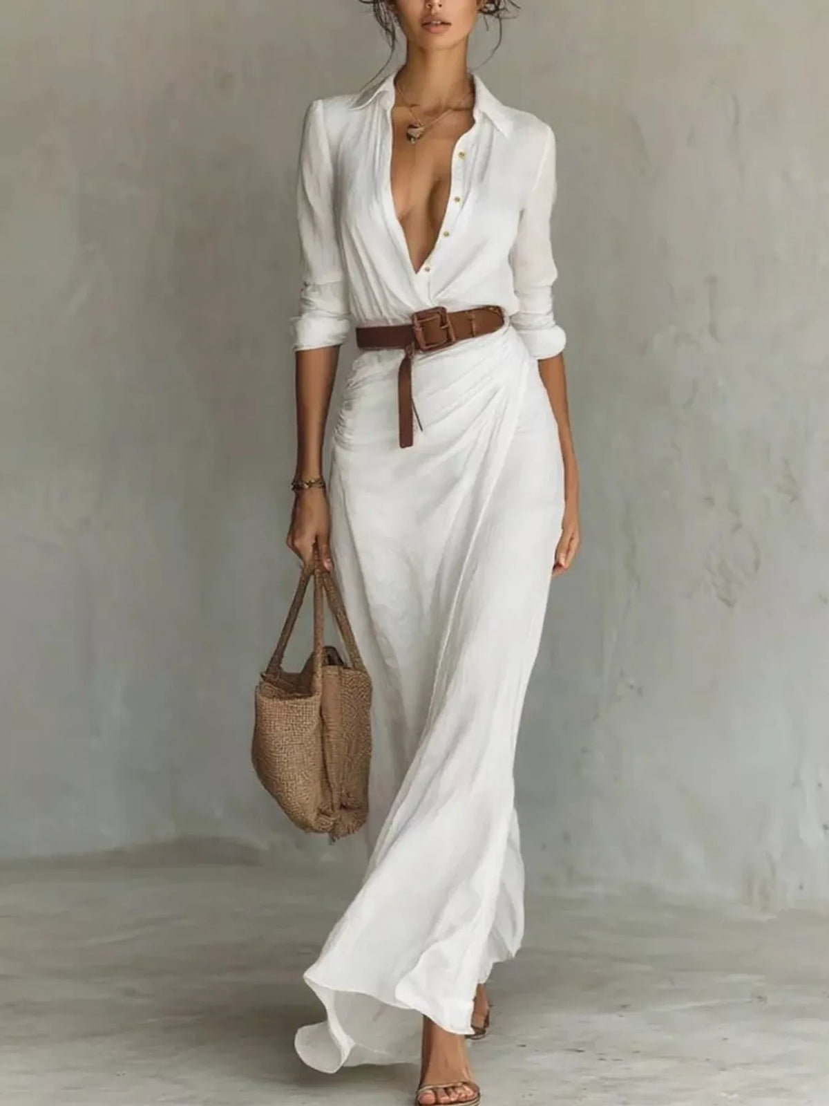 Button Front Long-Sleeve Shirt Maxi Dress