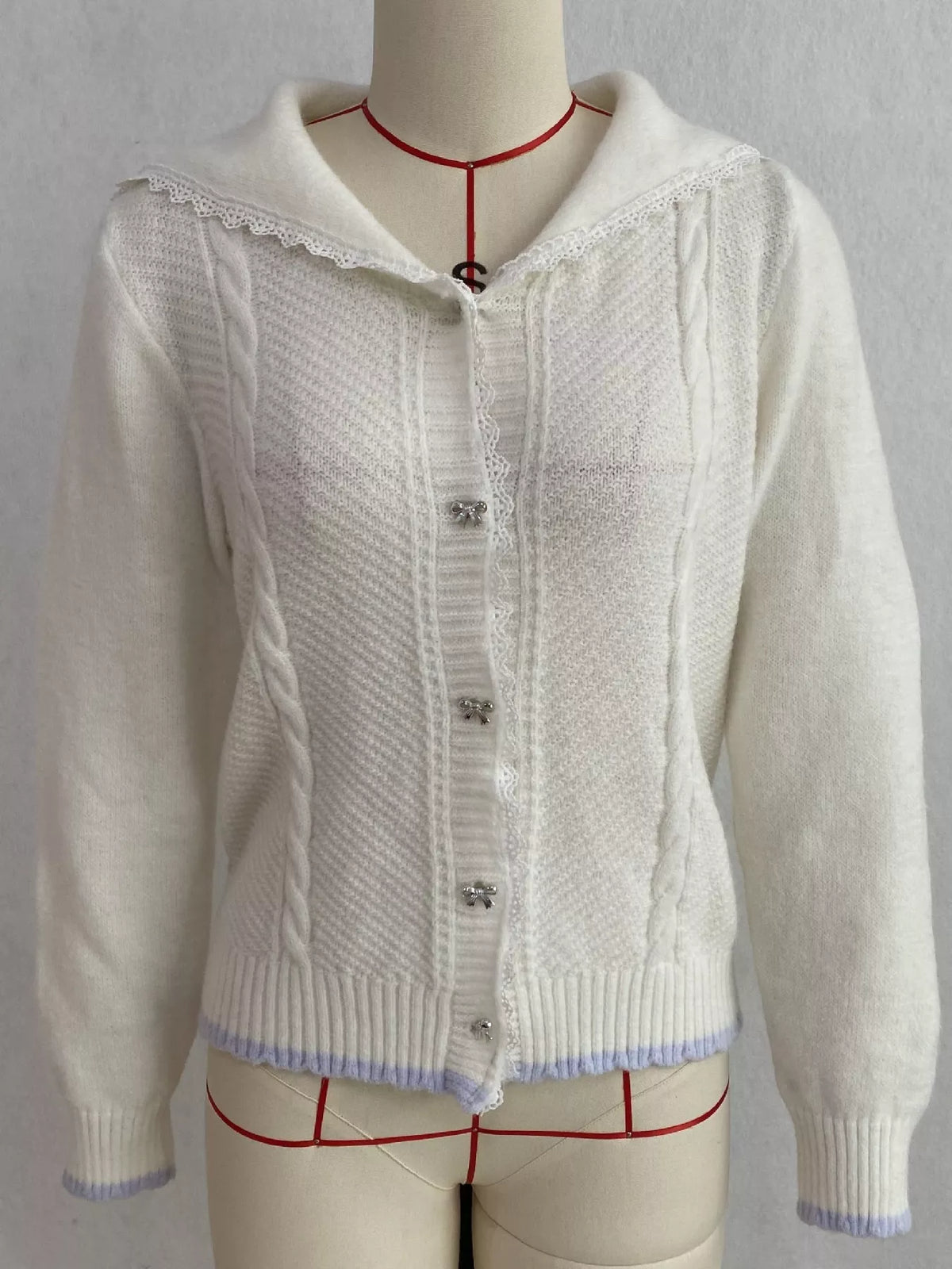 Cable-Knit Cardigan with Lace Trim, view 14