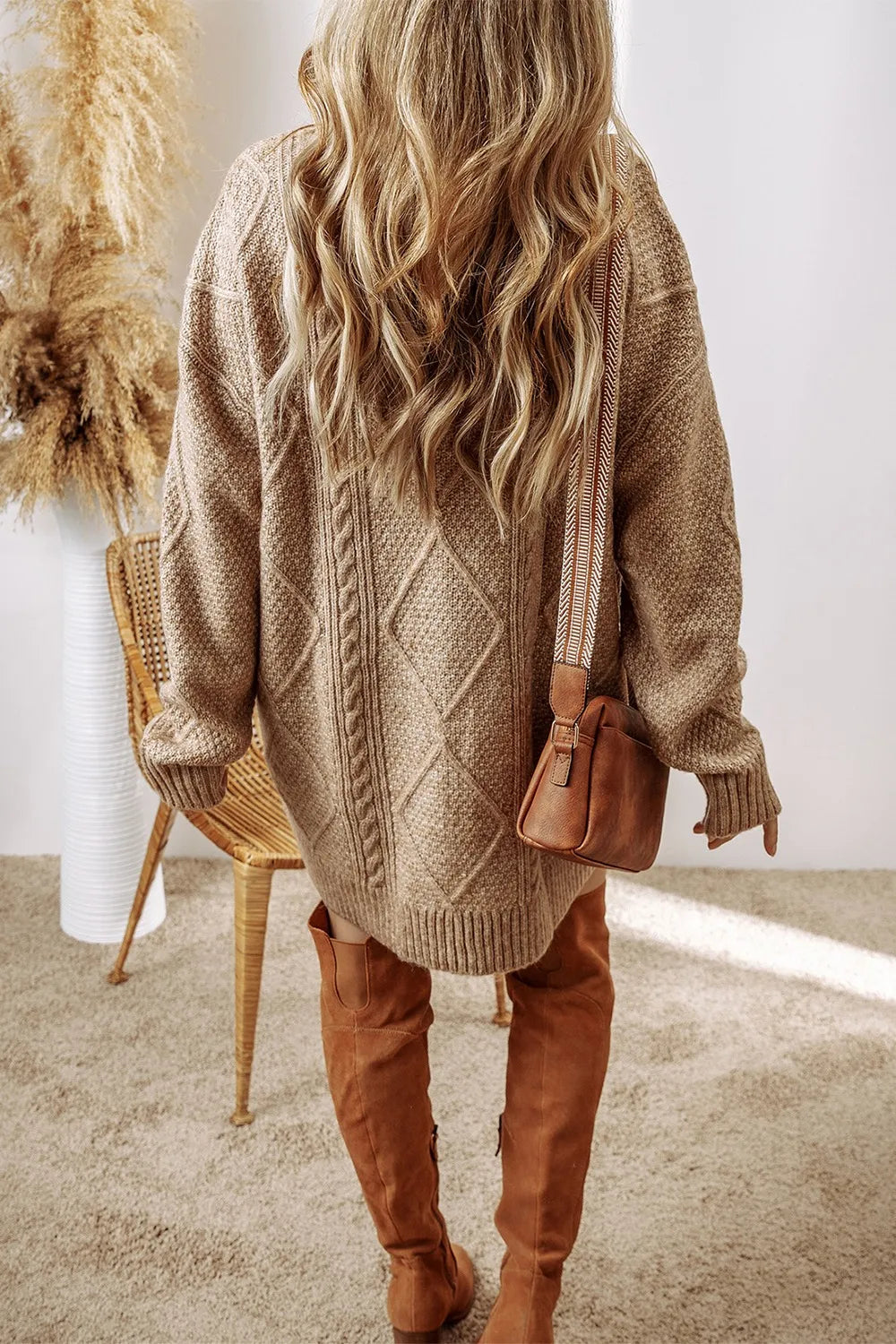 Cable-Knit Round Neck Sweater Dress, view 9