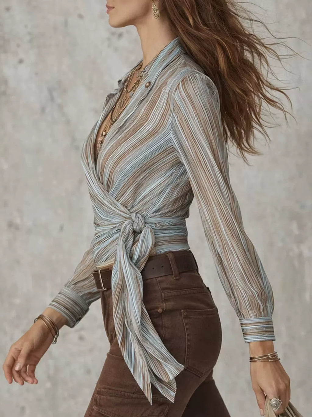 Striped Wrap Shirt with Tie-Front Detail - Lilixa.store