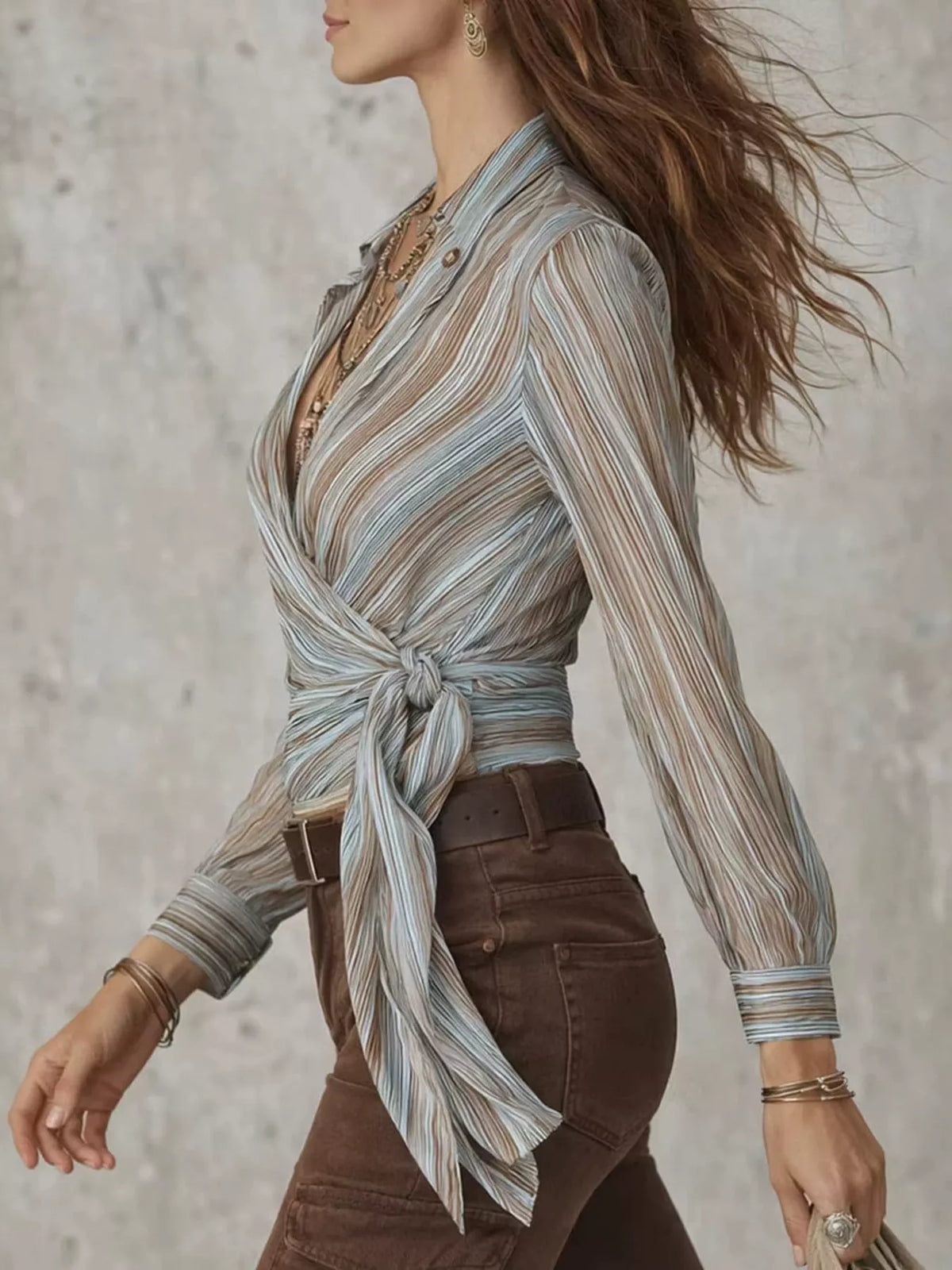 Striped Wrap Shirt with Tie-Front Detail - Lilixa.store
