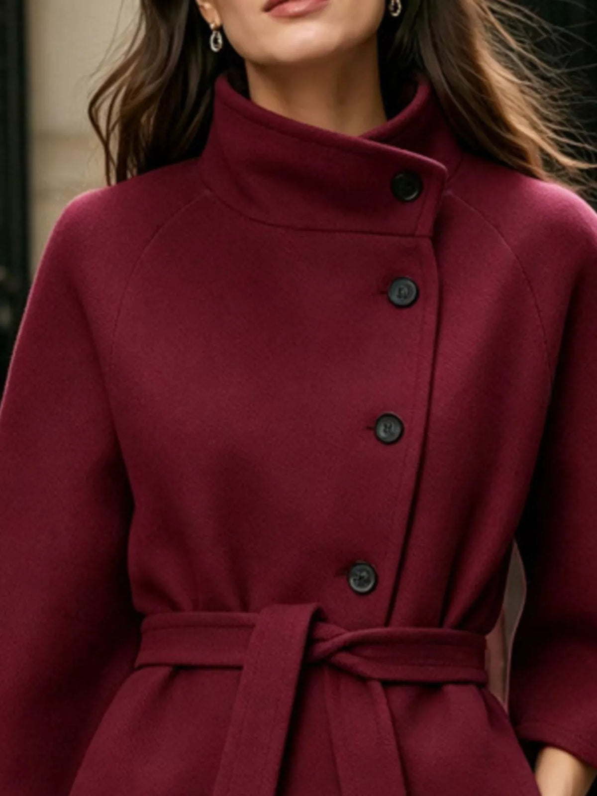 Button Down Cape Coat with Belted Waist, view 8