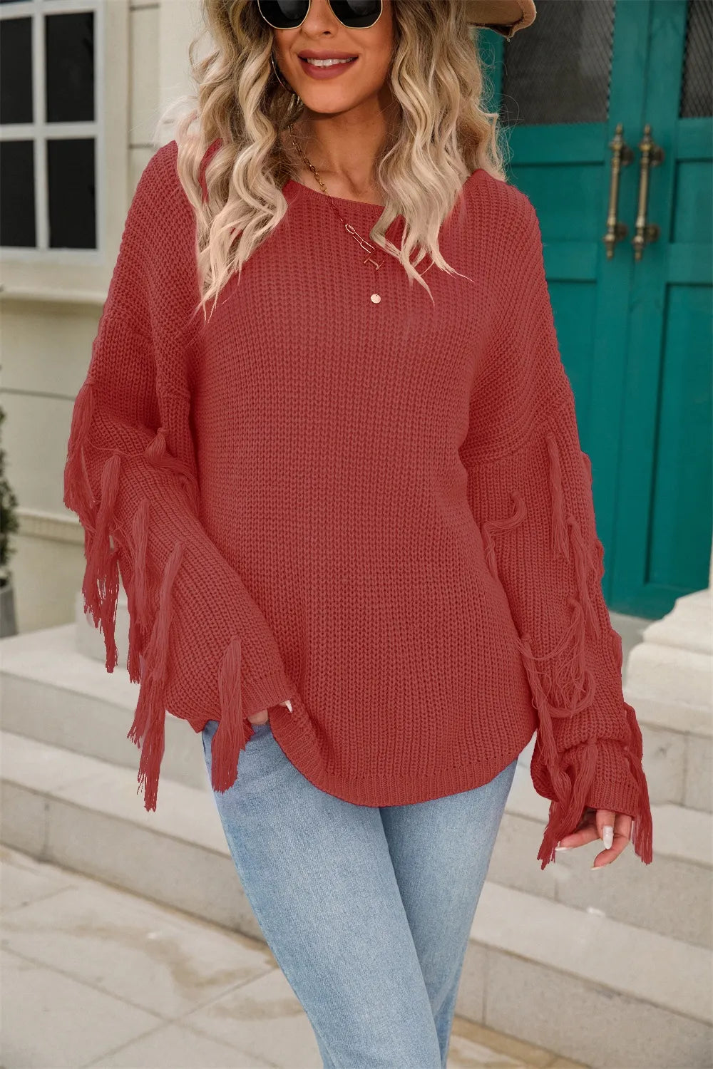 Angel Wings Fringe Round Neck Dropped Shoulder Sweater - Lilixa.store