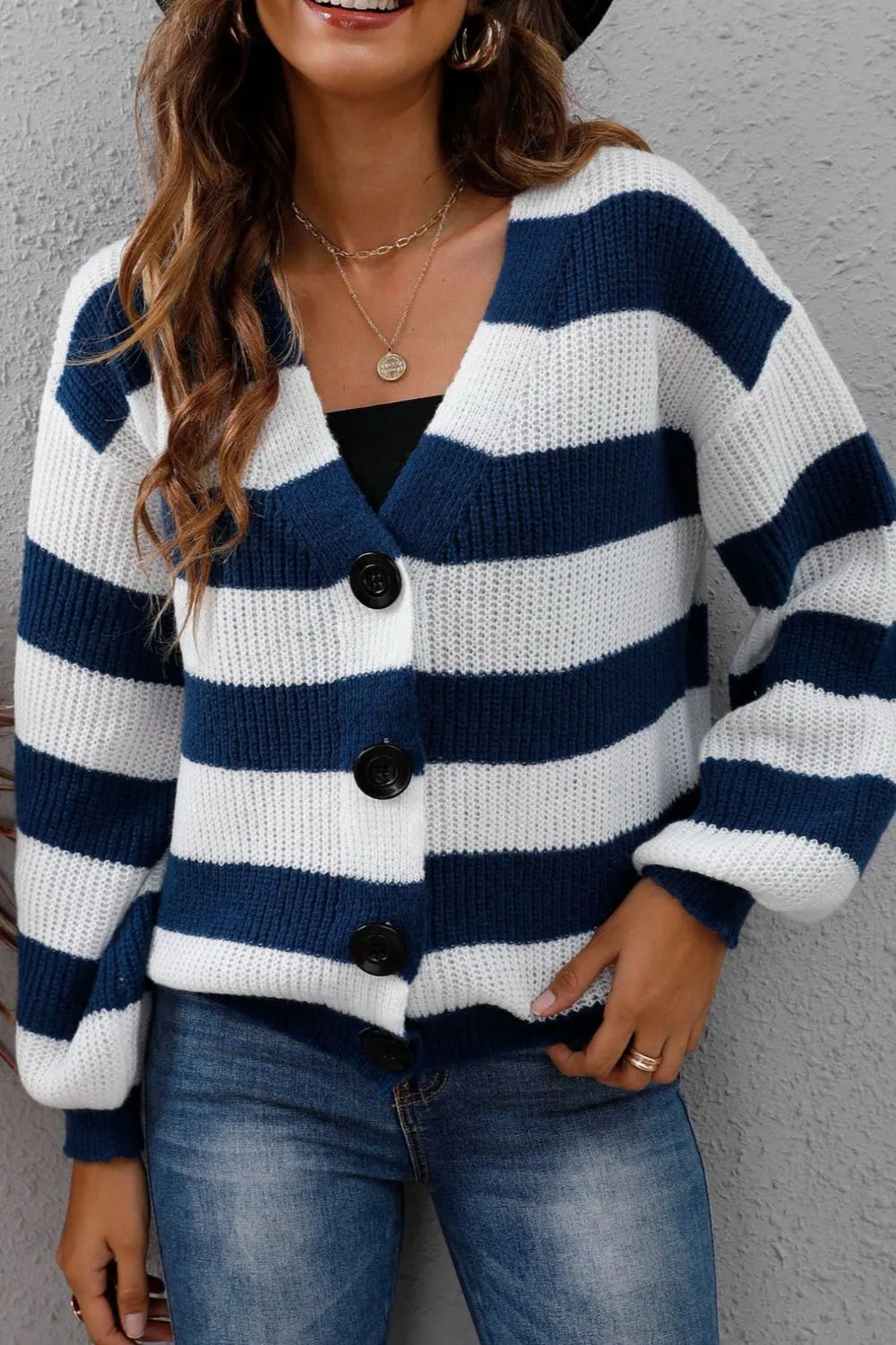 Striped Button Up Long Sleeve Sweater - Lilixa.store