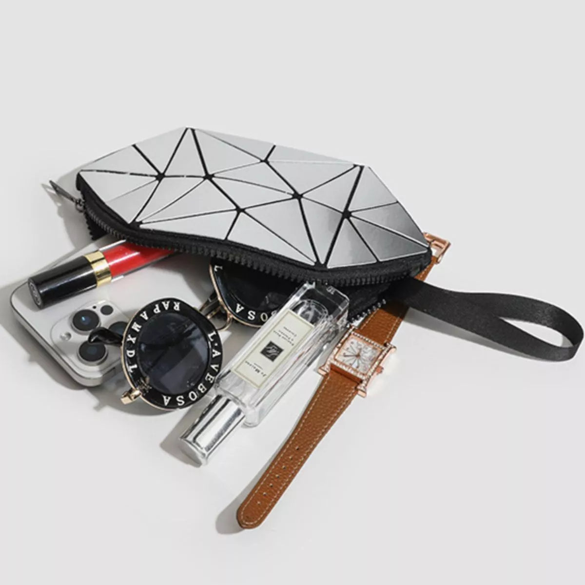 Geometric Metallic Silver Clutch with Modern Origami Design, view 3