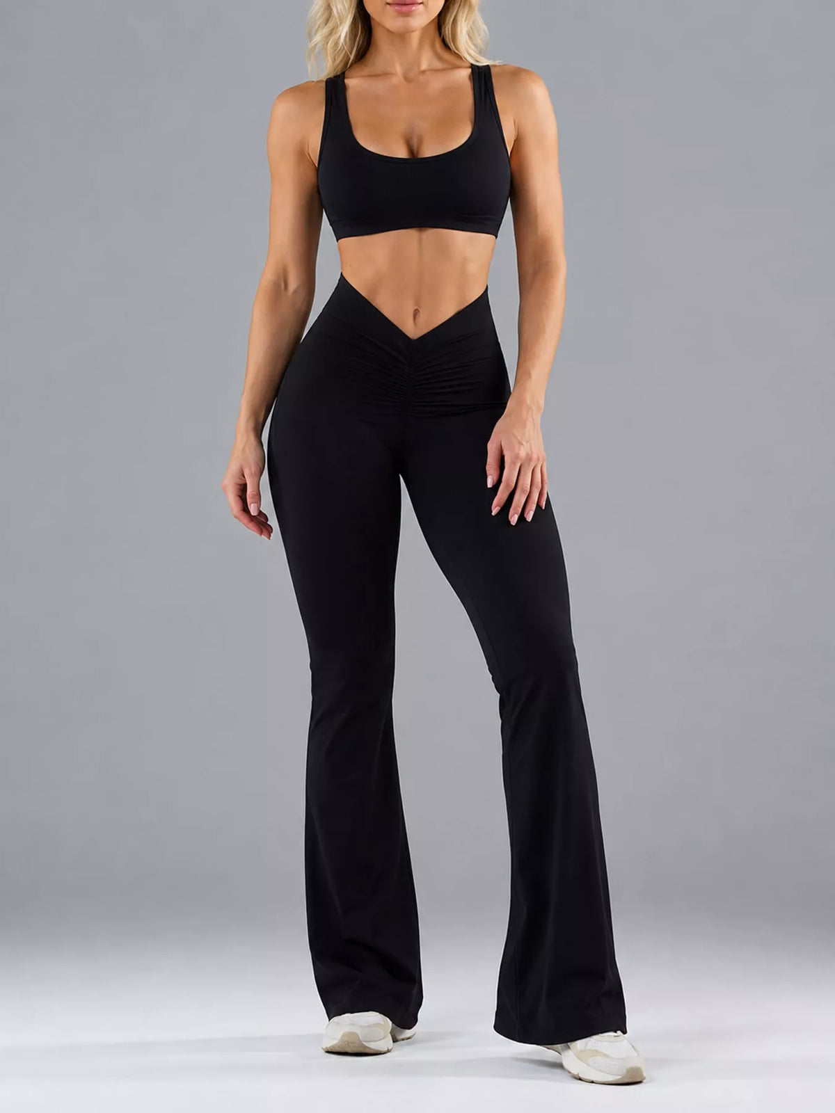 Seamless Scoop Neck Active Jumpsuit with Flared Leg Design in Black
