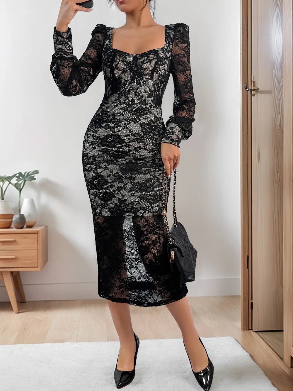 Perfee Lace Sweetheart Neck Long Sleeve Midi Dress - Lilixa.store