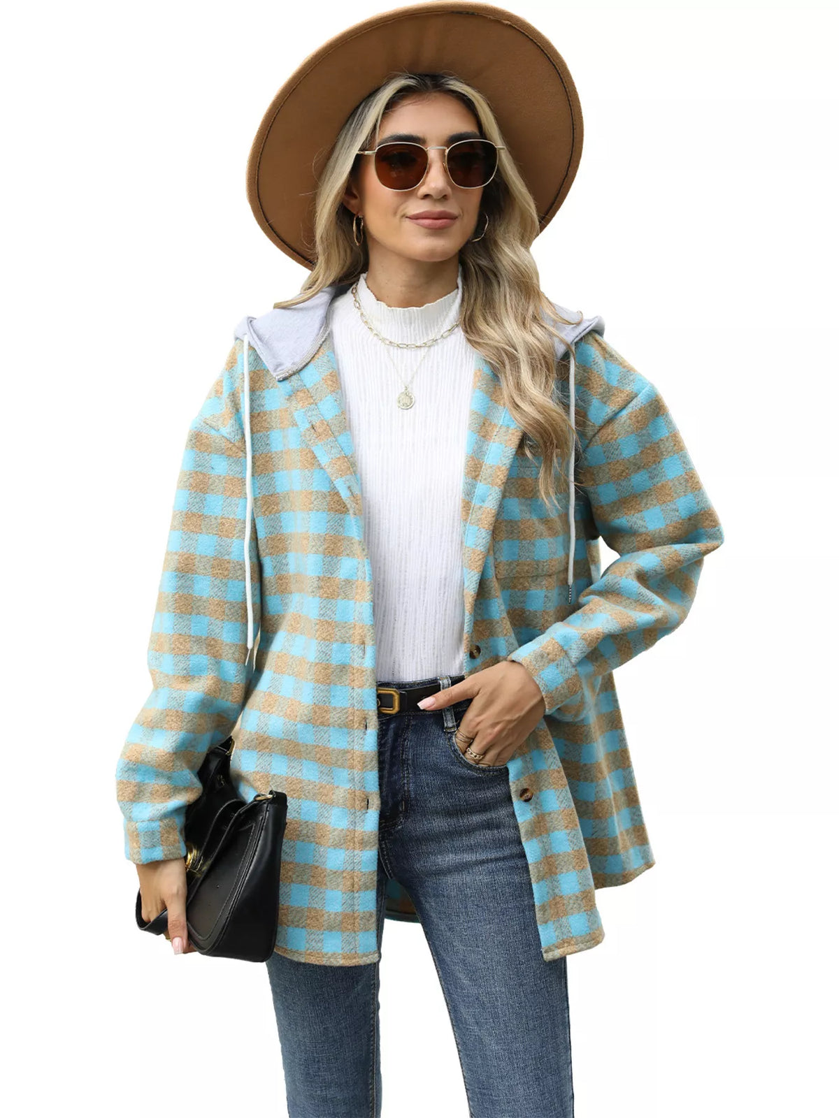 Plaid Button Up Long Sleeve Drawstring Hooded Jacket, view 8