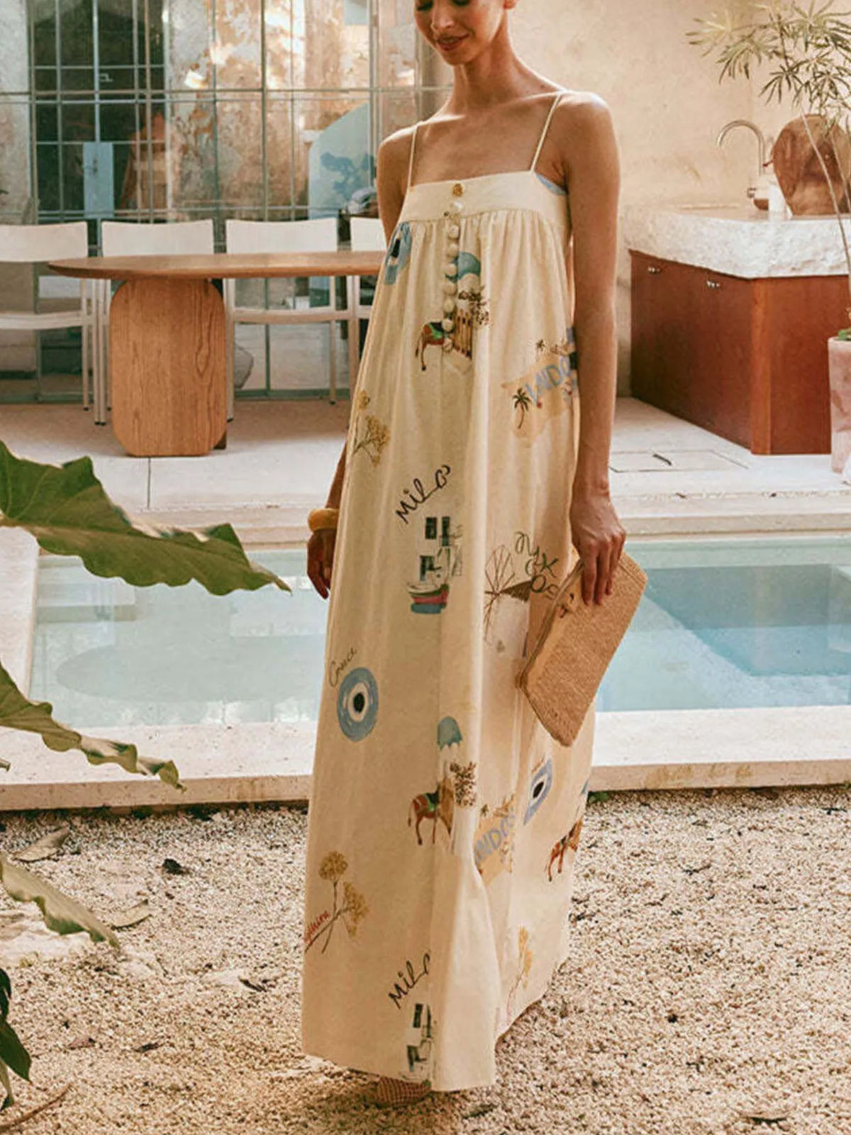Bohemian Print Cami Maxi Dress with Pockets in Beige, view 3
