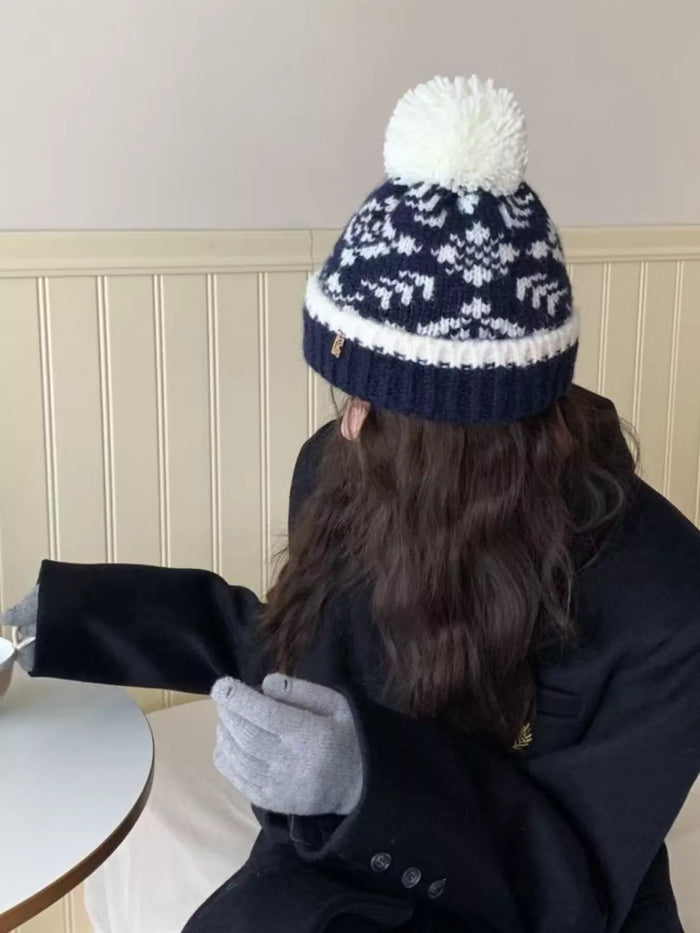 Snowflake Knitted Beanie Hat with Pom Pom in Navy Blue