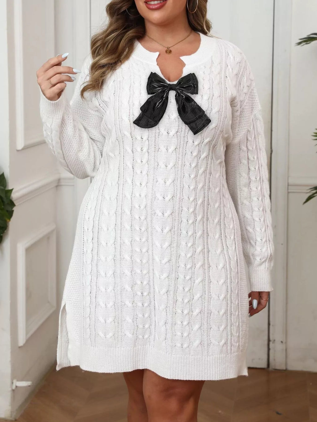 Plus Size Cable Knit Sweater Dress with Contrast Bow Detail - Lilixa.store