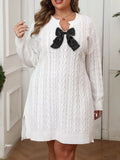 Plus Size Cable Knit Sweater Dress with Contrast Bow Detail - Lilixa.store