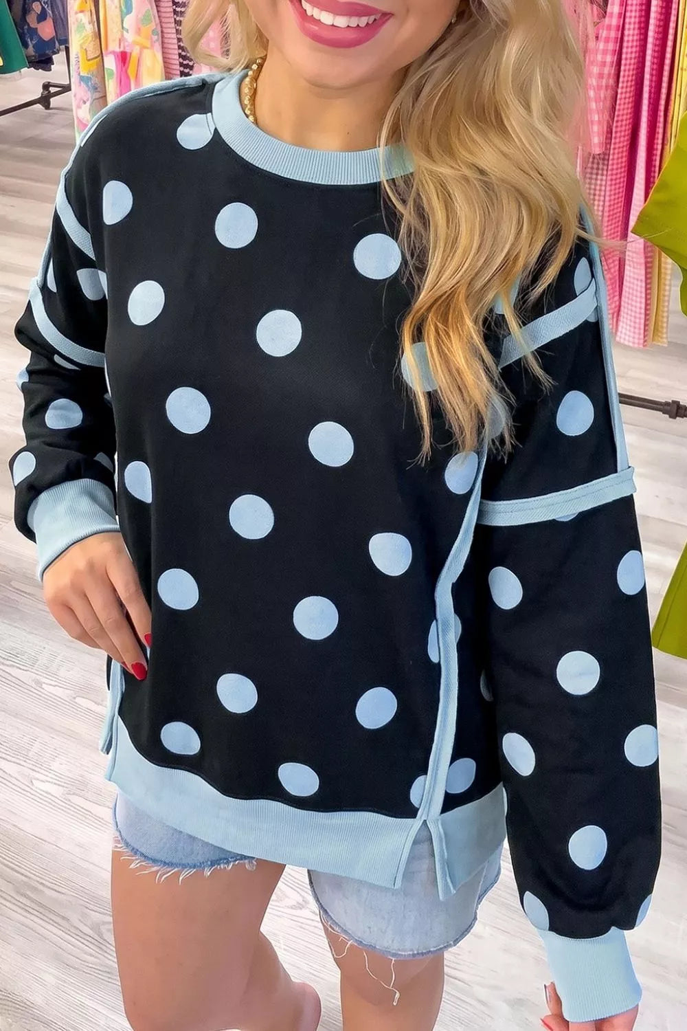 Polka Dot Crew Neck Sweatshirt - Lilixa.store