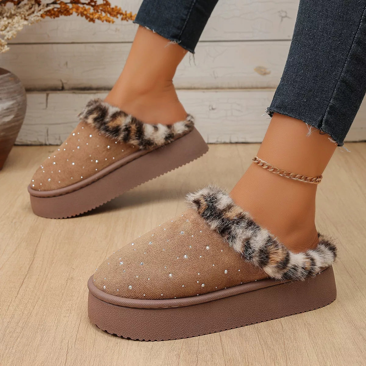 Rhinestone Faux Fur Platform Slippers - Lilixa.store