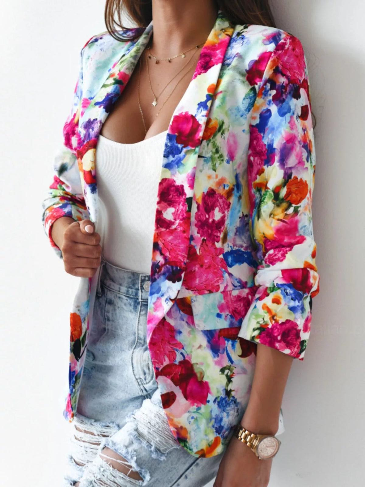 Vibrant Floral Print Open Front Blazer - Lilixa.store