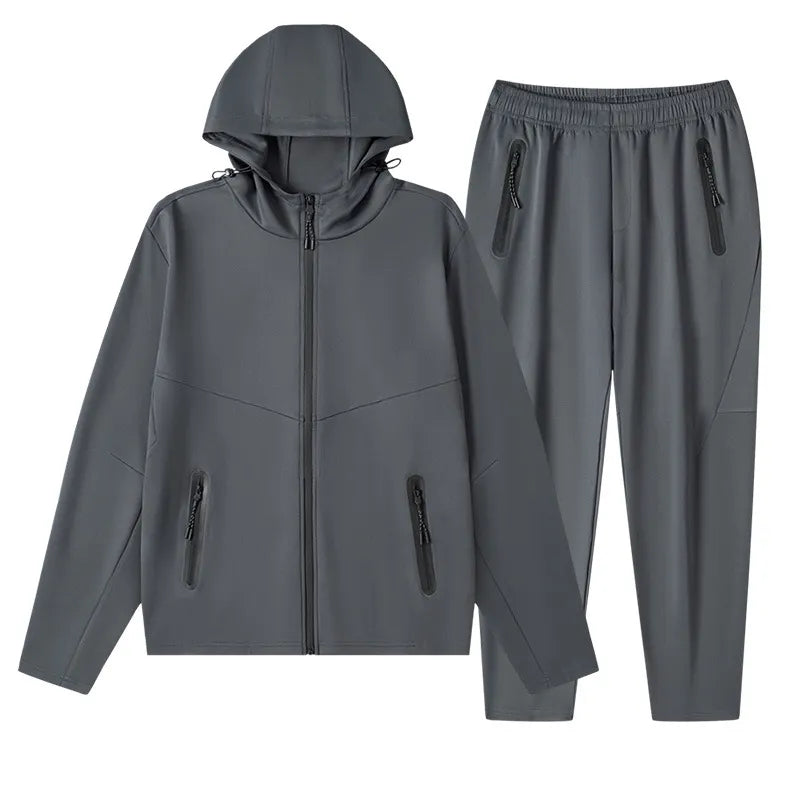 Men's Plus Size Drawstring Zip Up Hooded Top and Pants Set in Dark Gray