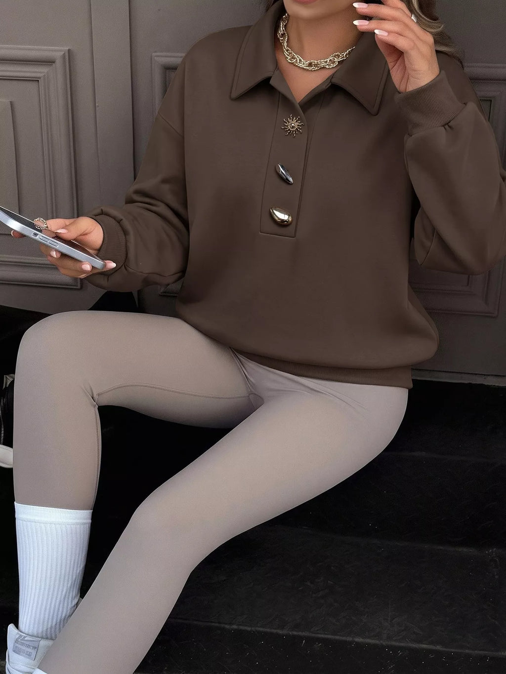 Polo Collar Dropped Shoulder Sweatshirt - Lilixa.store