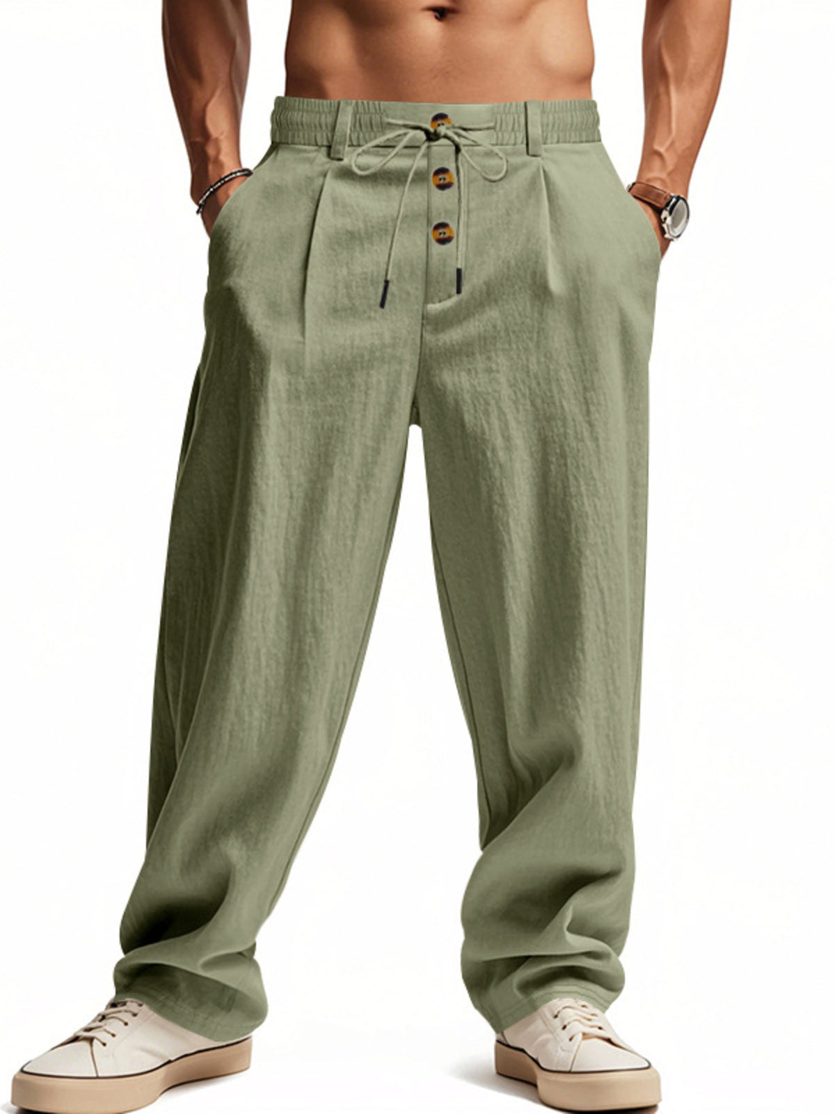 Men's Full Size Drawstring Loose Fit Pants Plus Size in Military Green