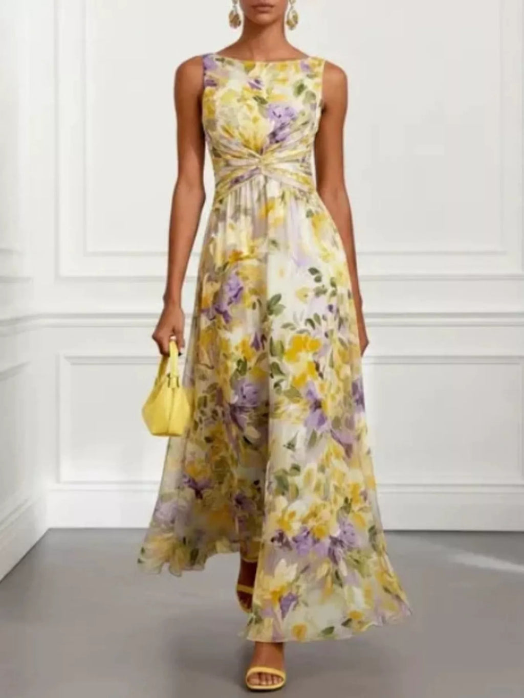 Floral Print Sleeveless Twist-Front Maxi Dress - Lilixa.store