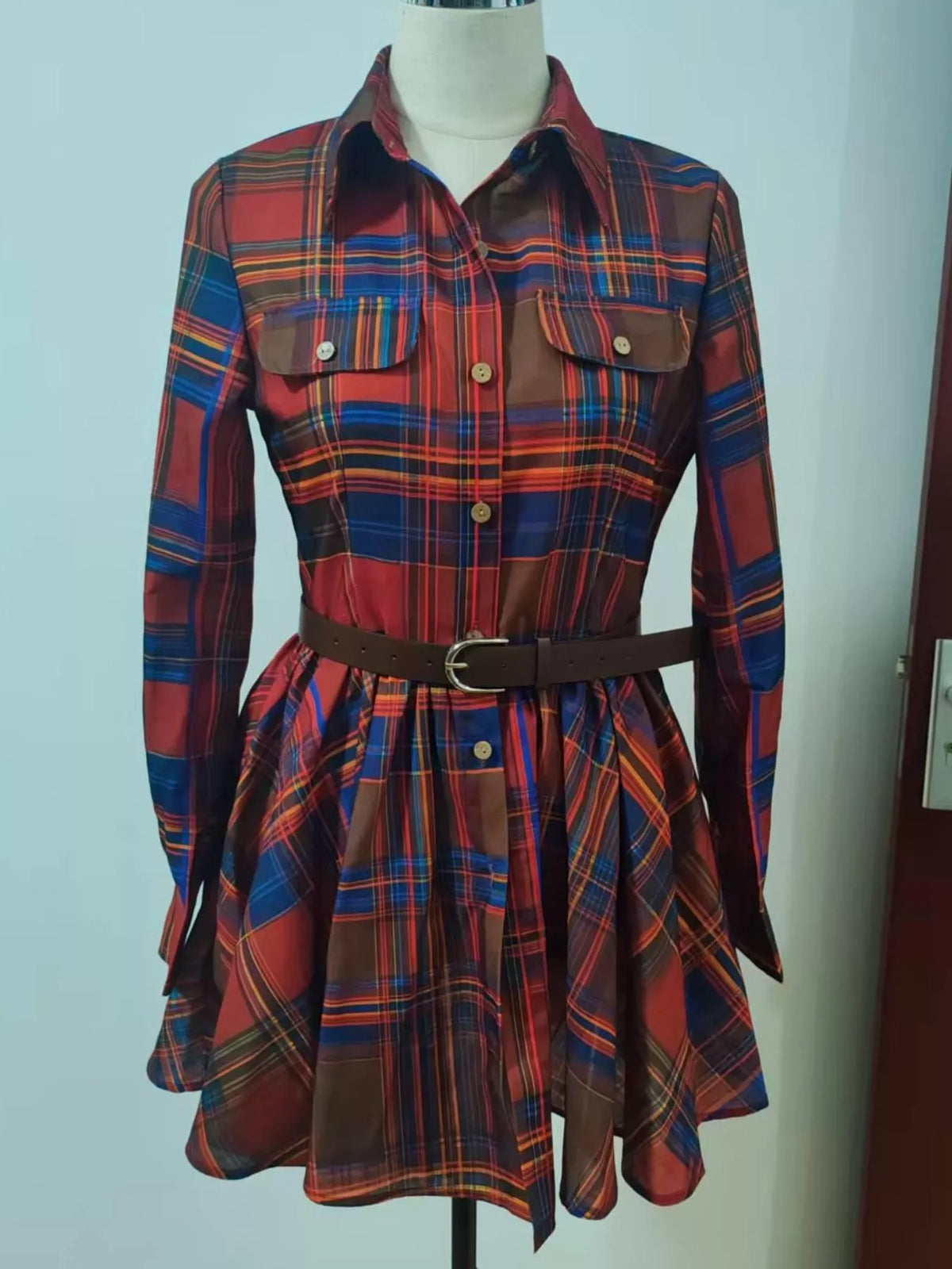 Full Size Plaid Long Sleeve Shirt Dress Plus Size - Lilixa.store