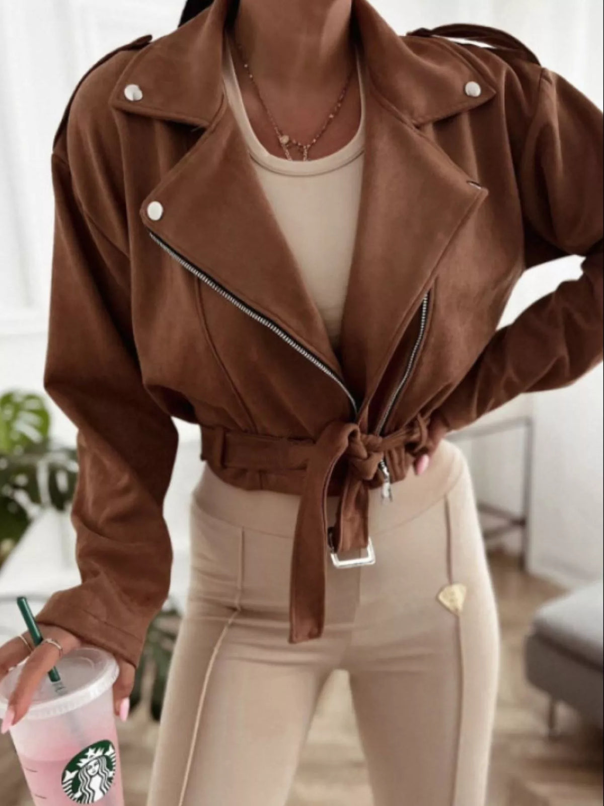 Zip Up Cropped Jacket in Khaki