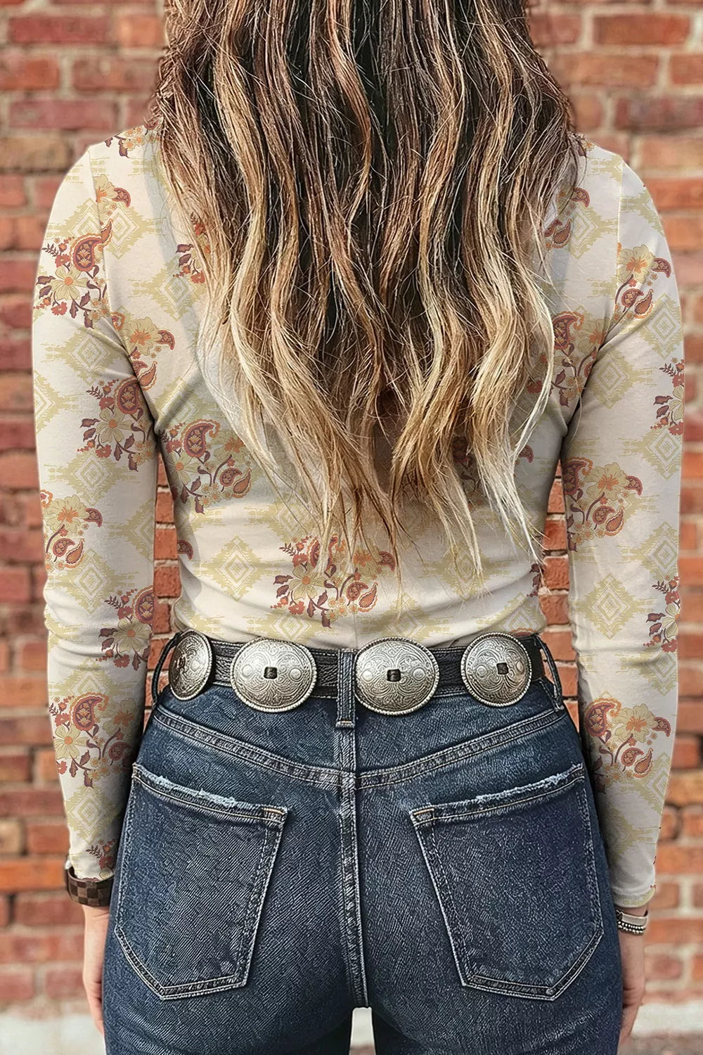 Floral Print Mock Neck Long Sleeve Slim Fit Top