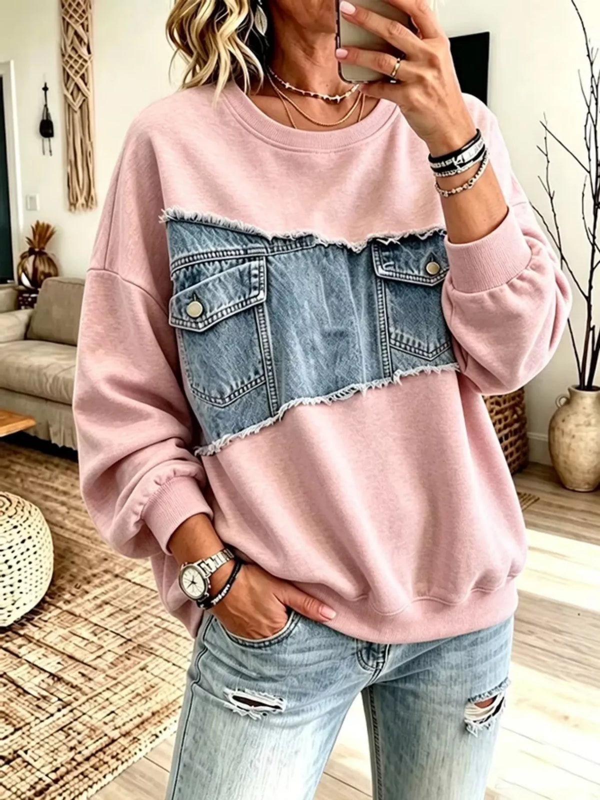 Full Size Denim Patchwork Dropped Shoulder Sweatshirt Plus Size - Lilixa.store