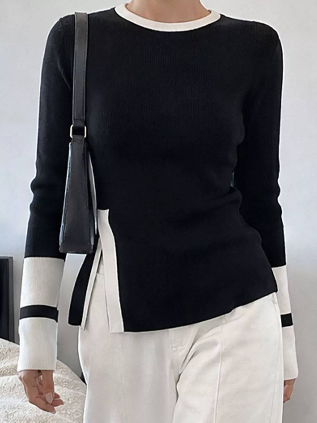Side Slit Contrast Trim Sweater