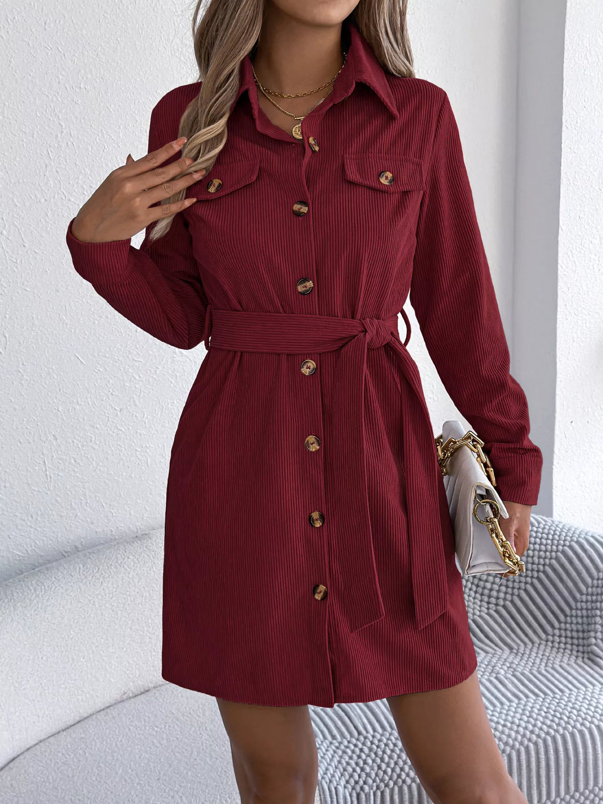 Corduroy Button-Down Shirt Dress - Lilixa.store