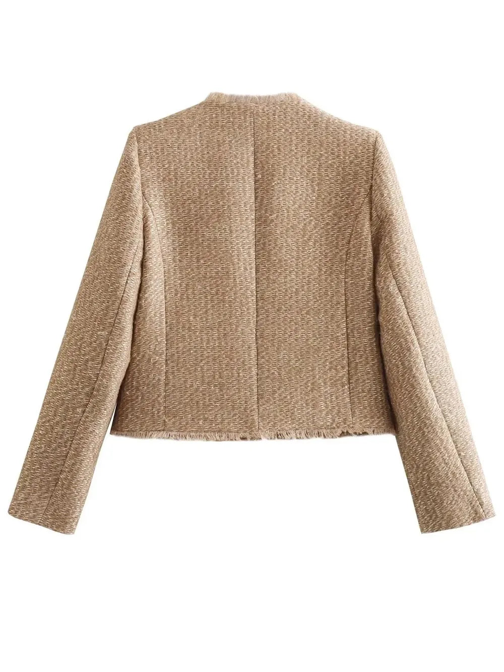 Raw Hem Pocketed Round Neck Jacket in Camel, view 2
