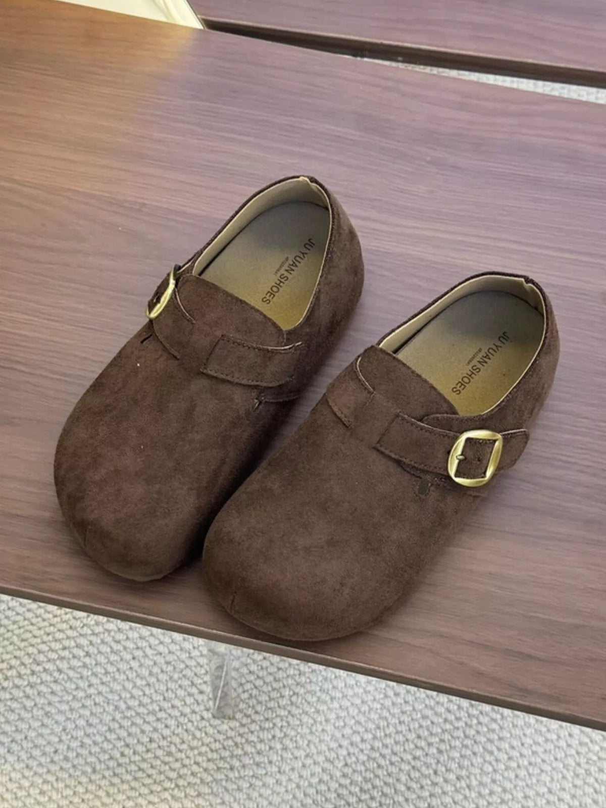 Suede Buckle Slip-Ons in Brown, view 2