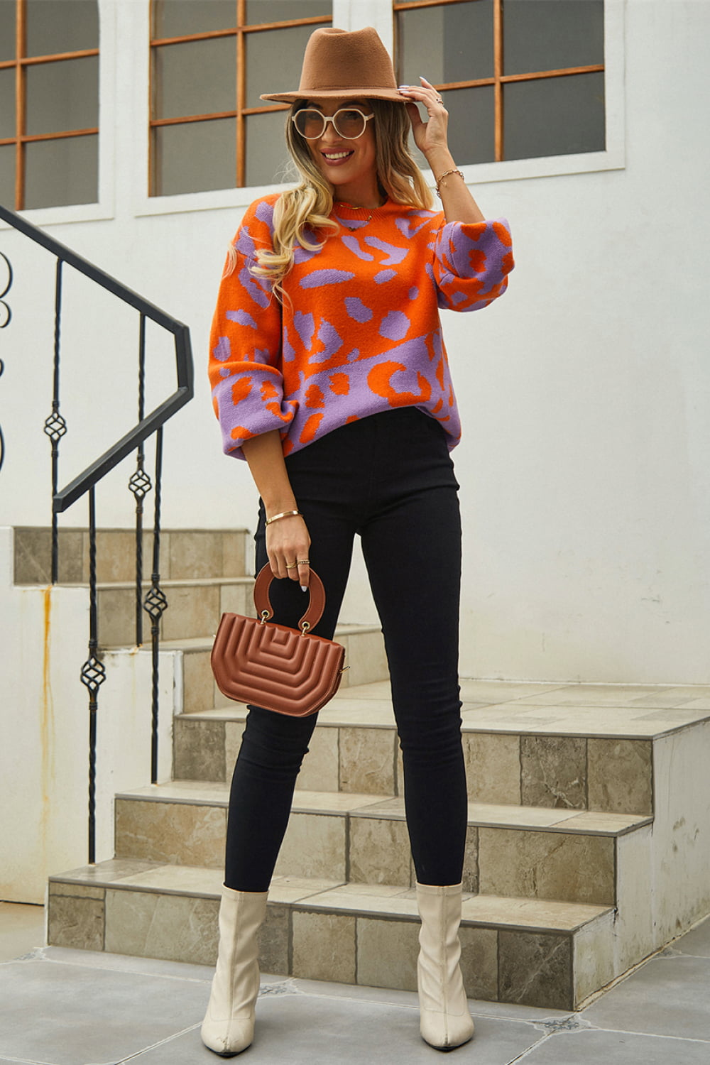 Angel Wings Woven Right Leopard Round Neck Dropped Shoulder Sweater, view 10