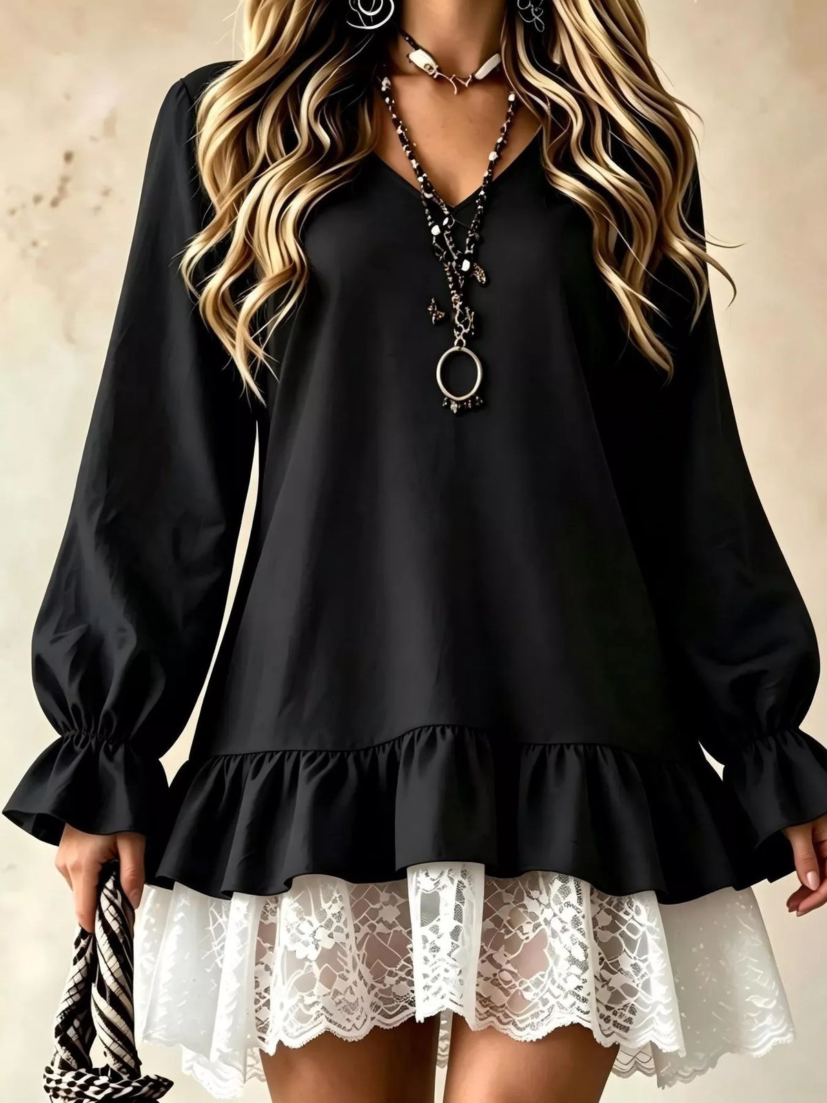 V-Neck Long Sleeve Ruffle Hem Lace Trim Mini Dress in Black