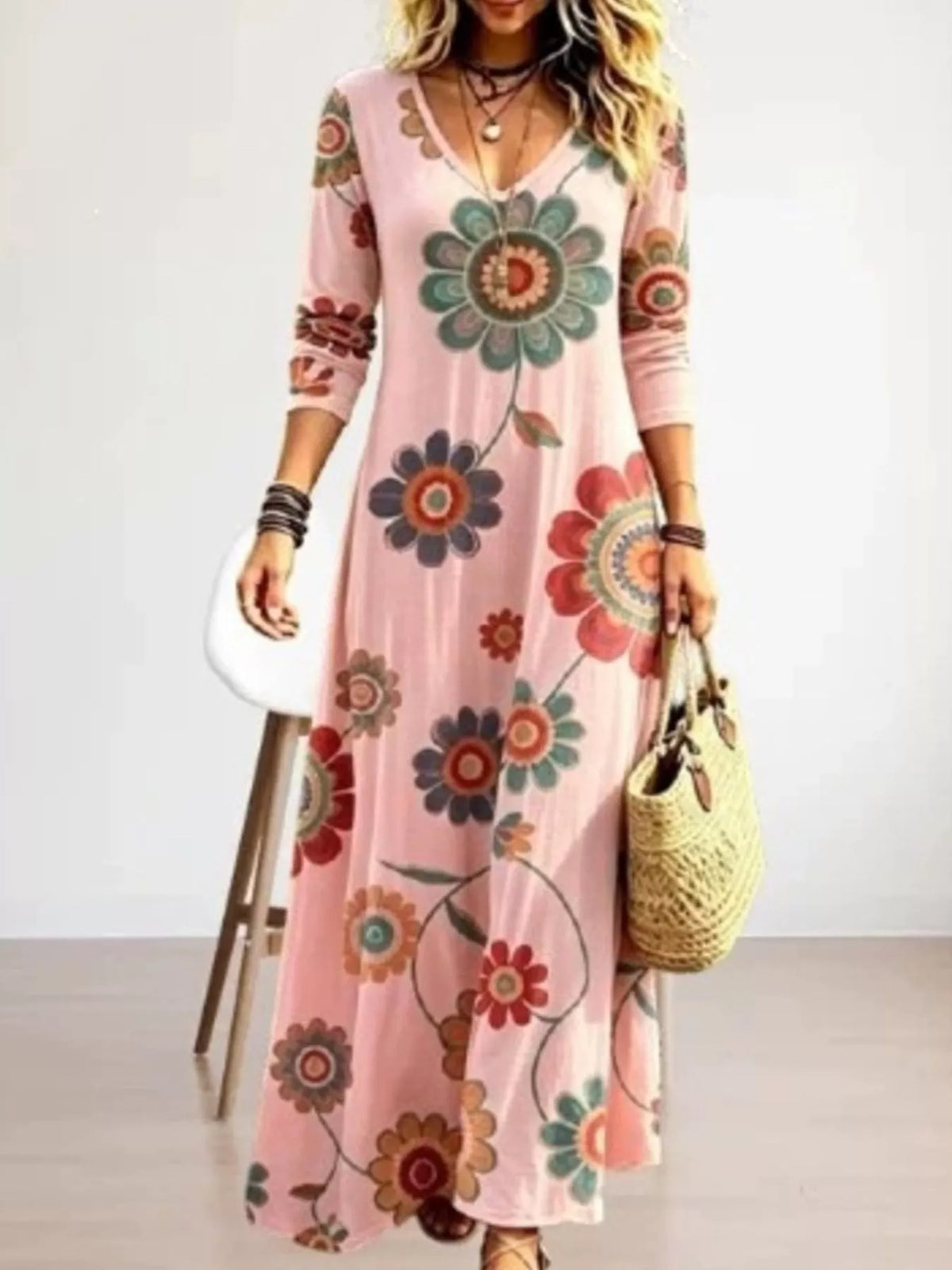 Floral Print V-Neck Long Sleeve Maxi Dress