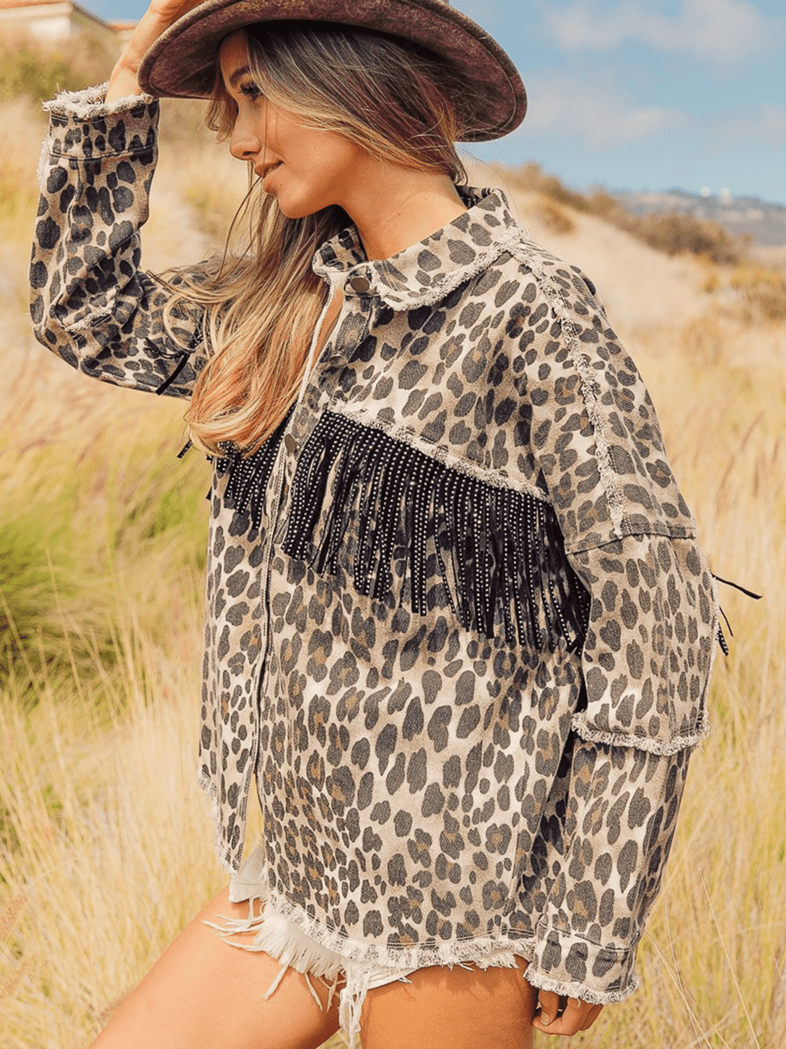 Leopard Fringe Detail Collared Neck Denim Jacket - Lilixa.store