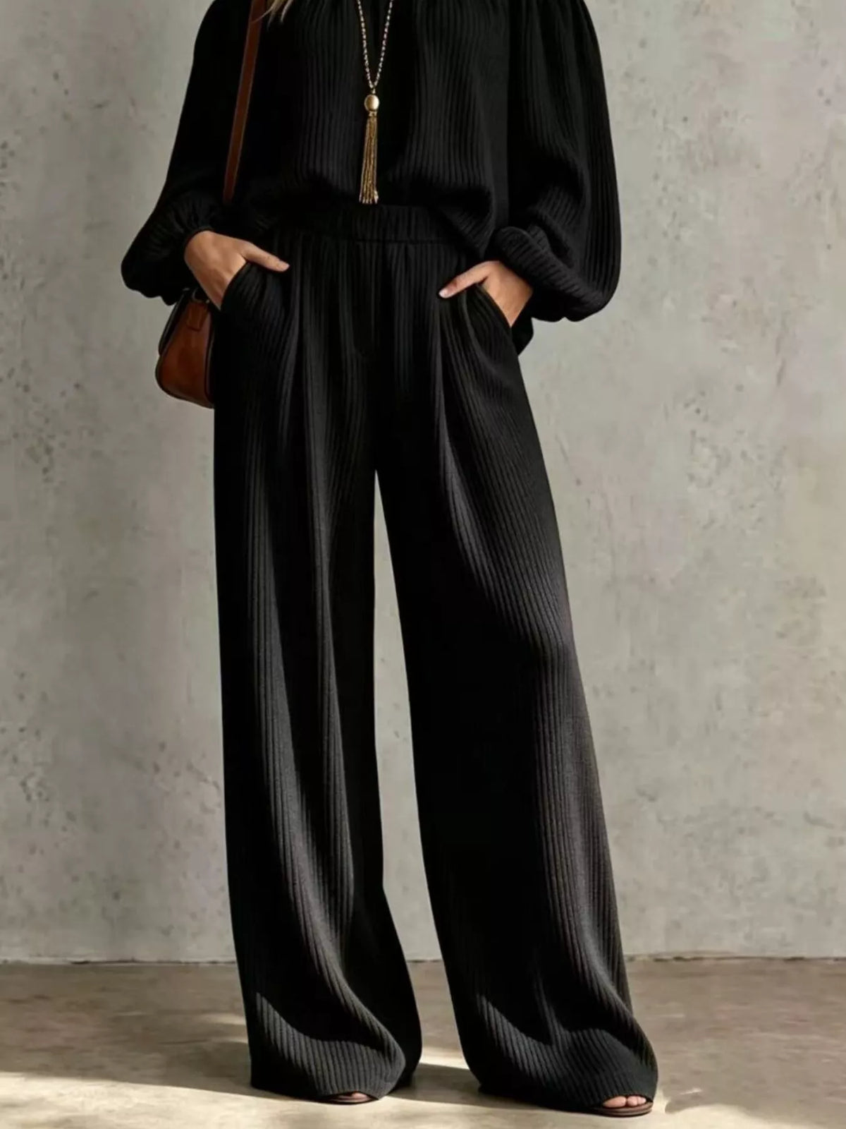 Off-Shoulder Crisscross Cutout Ribbed Knit Top and Wide-Leg Pants Set, view 6