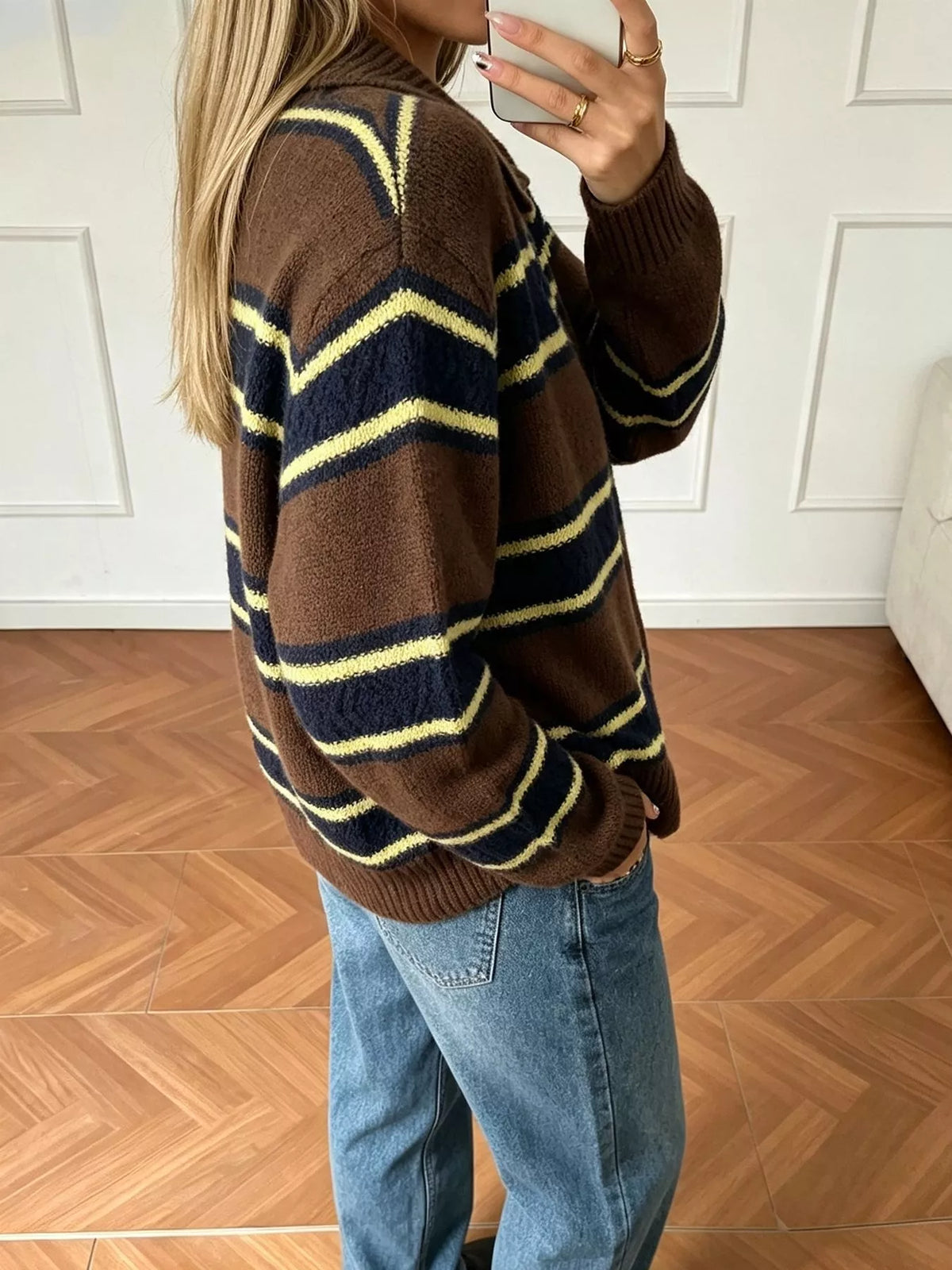Vintage-Inspired Striped Knit Cardigan with Polo Collar, view 10