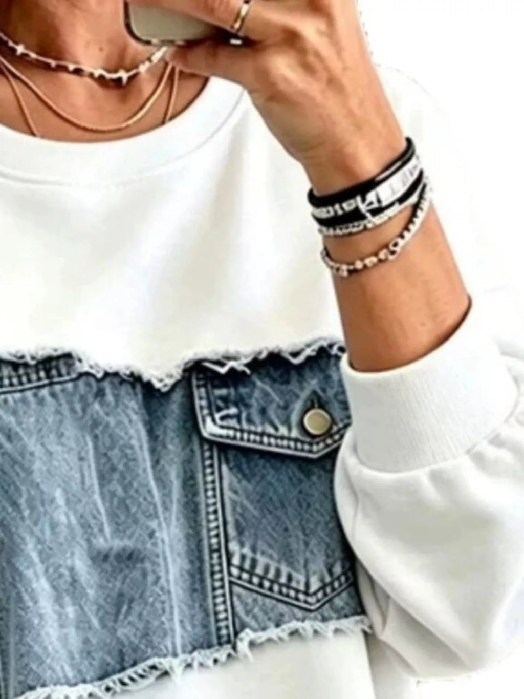 Full Size Denim Patchwork Dropped Shoulder Sweatshirt Plus Size - Lilixa.store