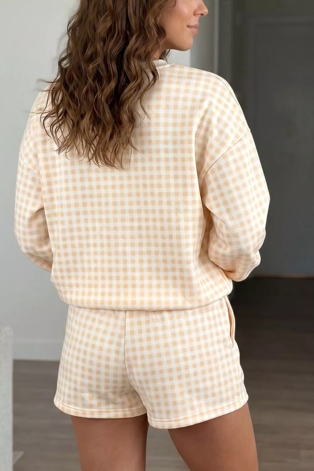 Gingham Long Sleeve Sweatshirt and Shorts Set - Lilixa.store