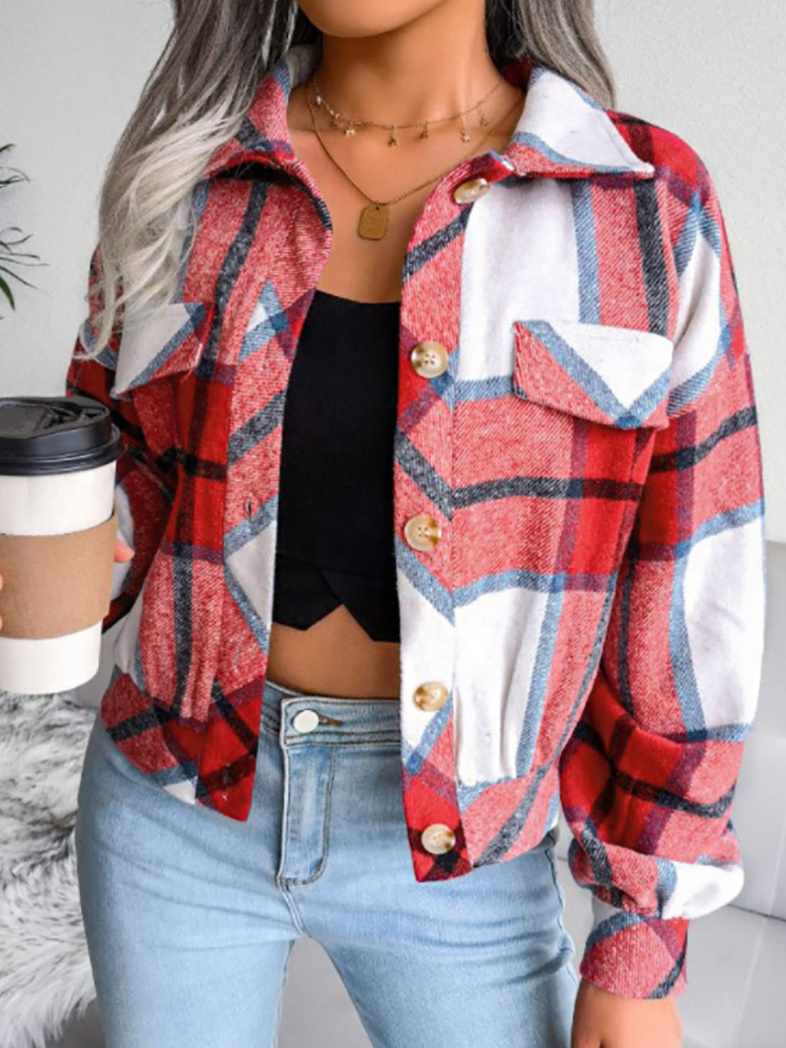 Plaid Collared Neck Drop Shoulder Jacket in Deep Red, view 4