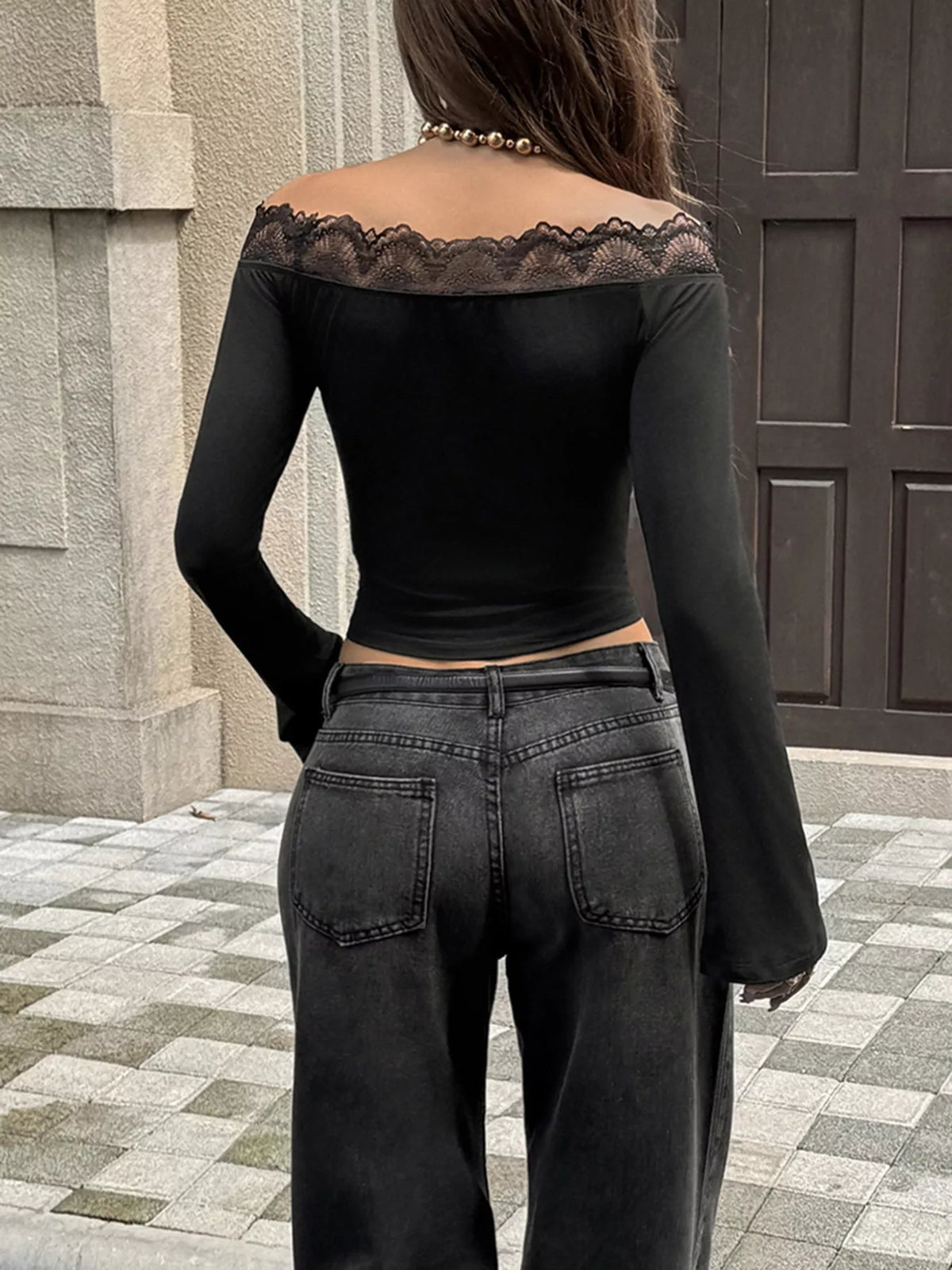 Off-Shoulder Lace Trim Long Sleeve T-Shirt