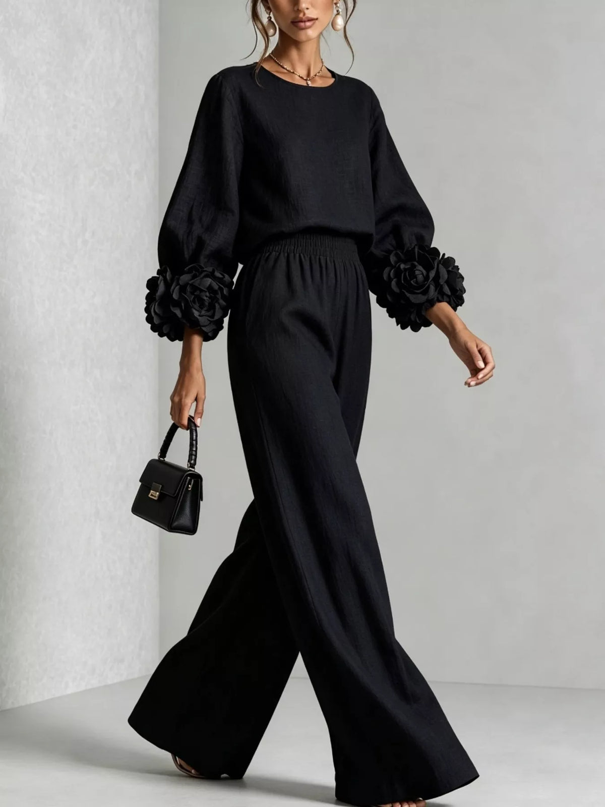 Full Size Floral Cuffs Top and Wide Leg Pants Set Plus Size