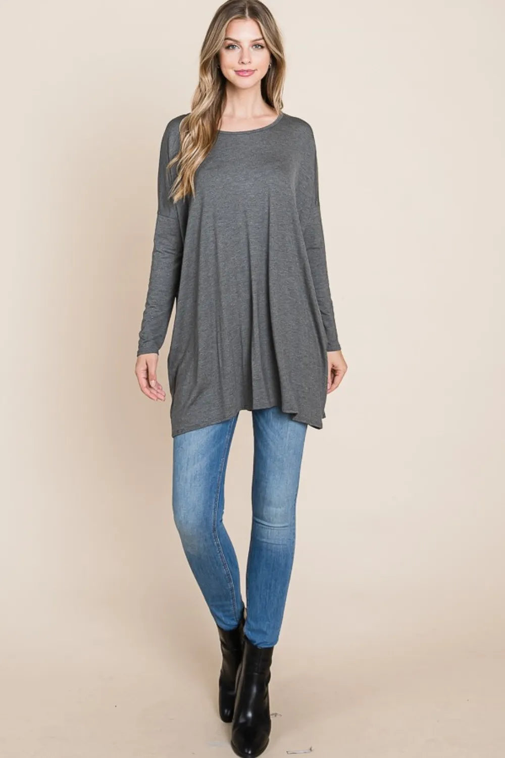BOMBOM Round Neck Long Sleeve Oversized Top - Lilixa.store