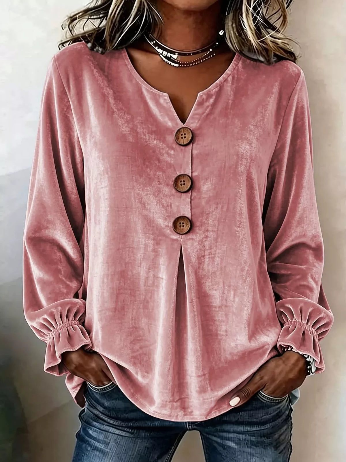 Full Size Velvet Button Decor Blouse with Ruffled Cuffs Plus Size - Lilixa.store